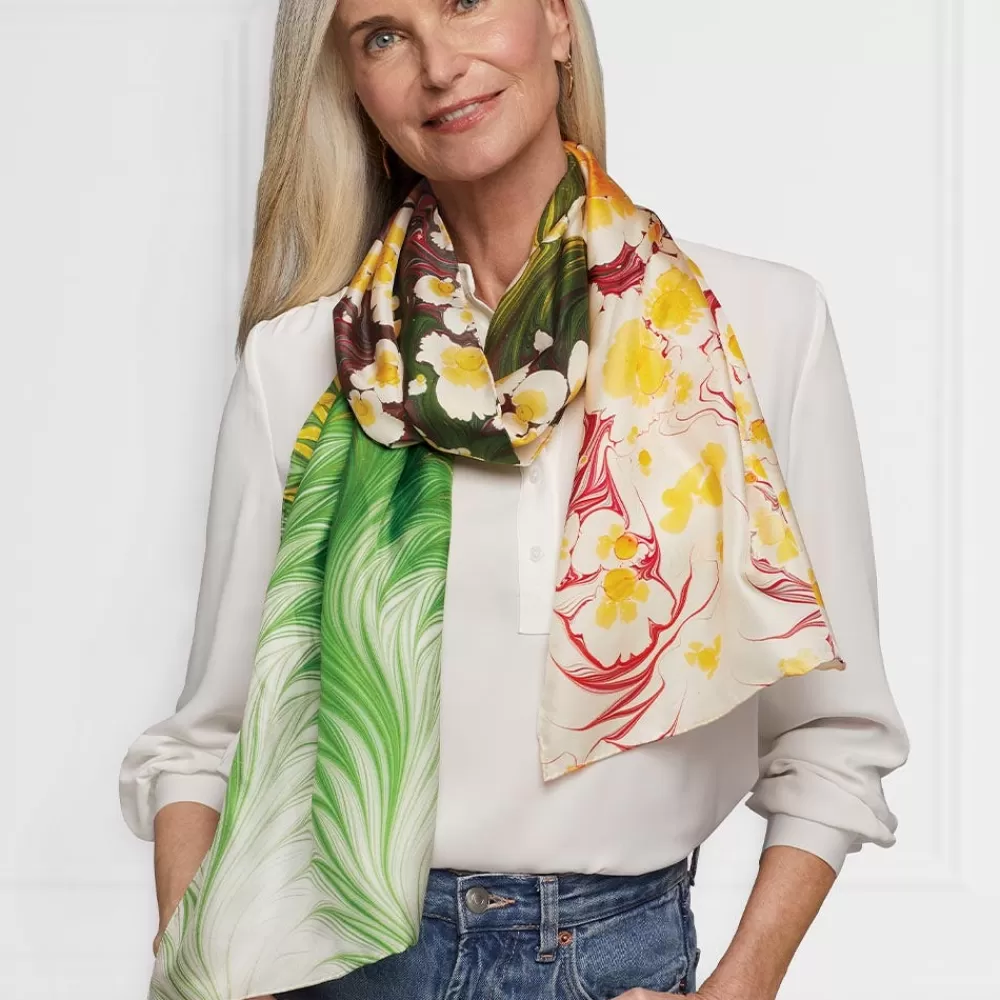 Clearance Daisy Garden Marbled Paper Oblong Silk Scarf Scarves & Wraps