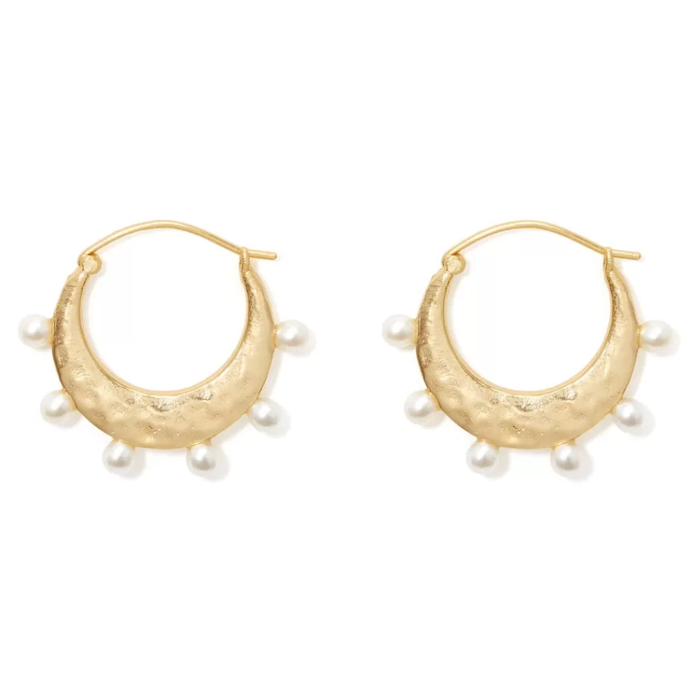 New Hammered Crescent Pearl Hoop Earrings Earrings