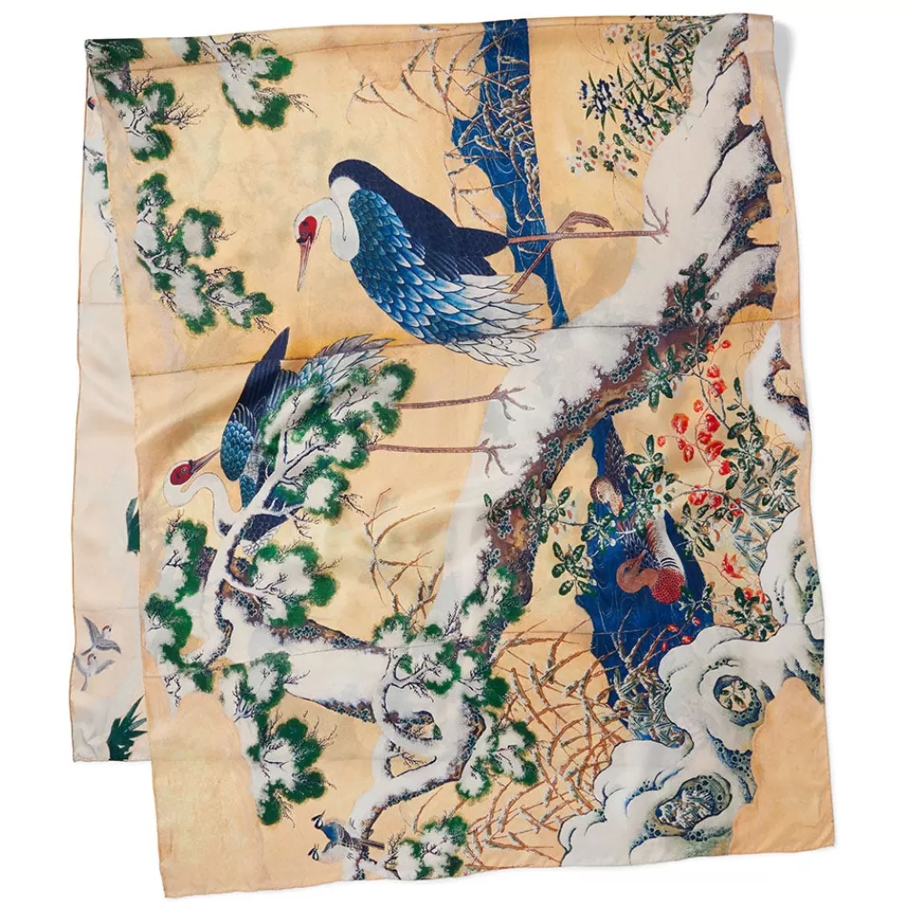 Clearance Momoyama Cranes and Flowers Oversize Silk Shawl Scarves & Wraps