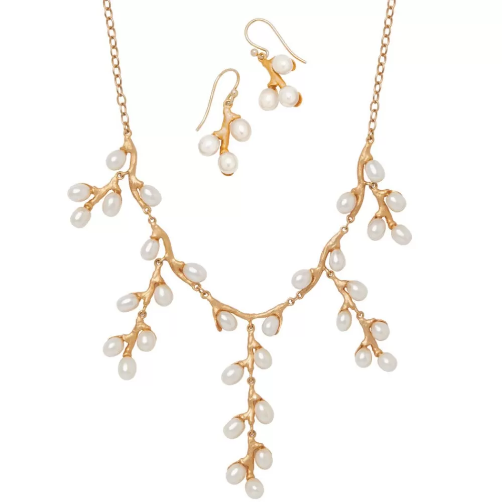 Online Willow Catkins Pearl Bib Necklace and Drop Earrings Set Jewelry Sets